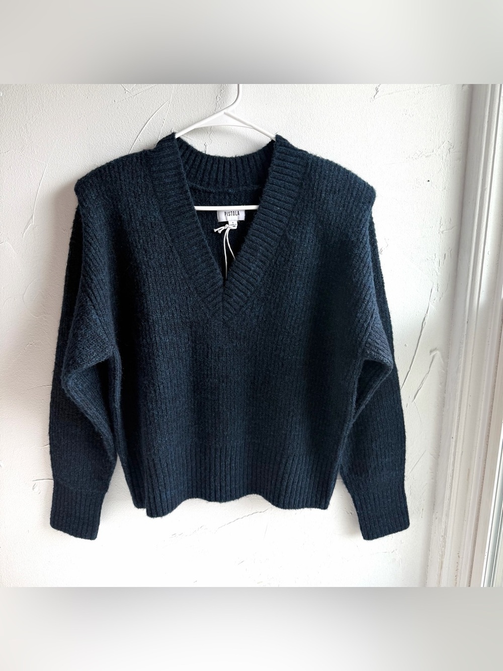 Pistola Camille V Neck Shoulder Pad Sweater in Marina Size Small